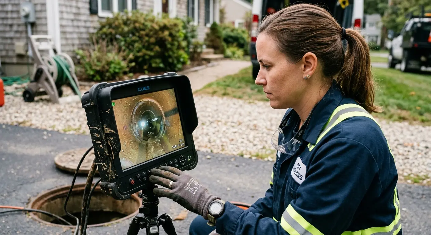 Technician reviewing sewer camera inspection footage in Kingston