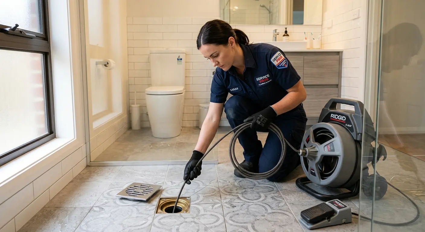 Technician clearing a bathroom floor drain for Sewer Line Replacement in Kingston